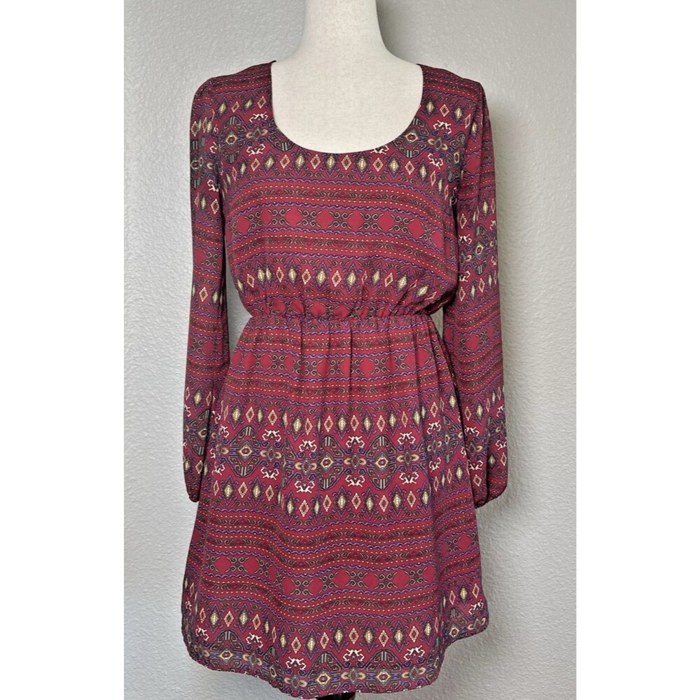 Umgee womens long sleeve v-neck lined elastic waist geometic summer dress Small